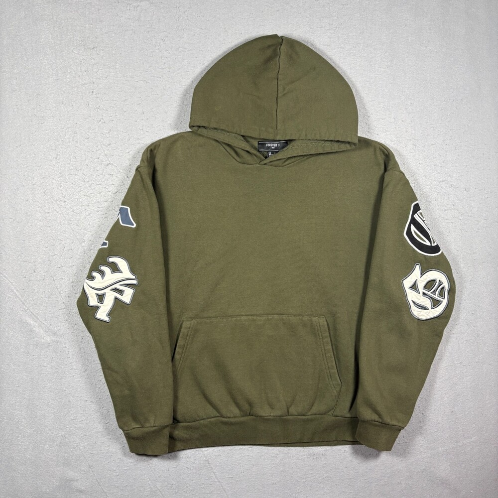 Y2K Good luck Embroidery Forever 21 Hoodie Green Mens Size L